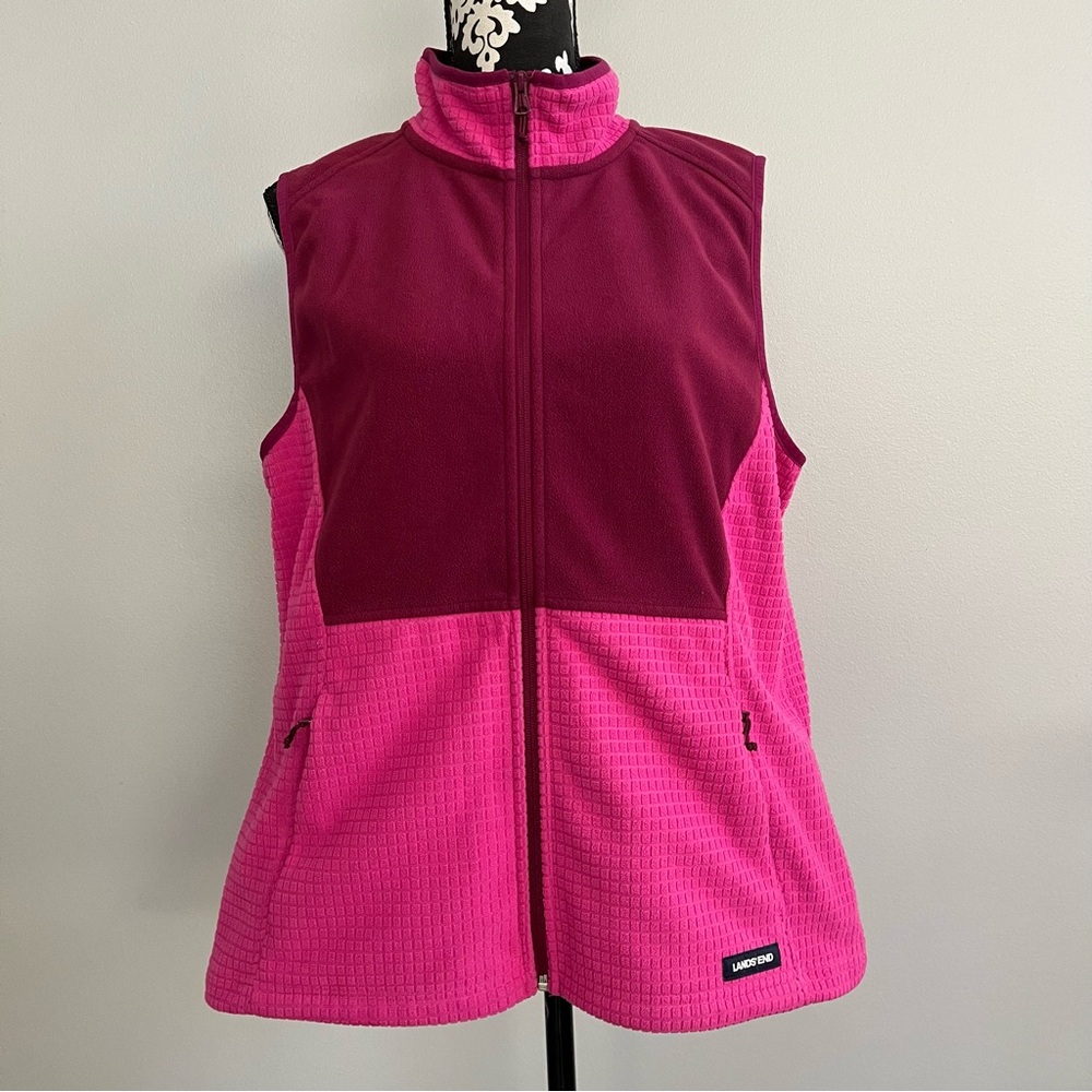 Lands End Women's Grid Colorblock Fleece Vest Outerwear Size Large Hiking Layer